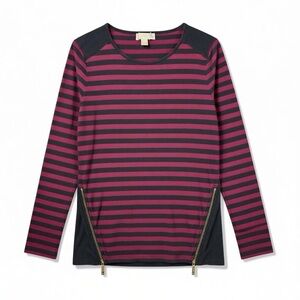 4/$20 Michael Kors Striped Long Sleeve Zip Hem Top Large Black Burgundy